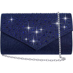 Women Navy Blue Imported Magnetic Purse Rhinestone Envelope Party Handbag